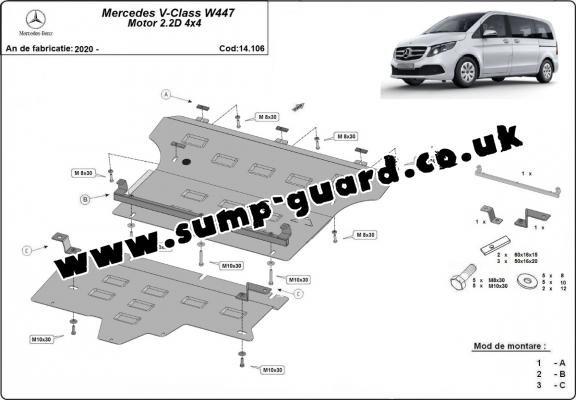 Steel sump guard for Mercedes V-Class W447, 2.2 D, 4x4